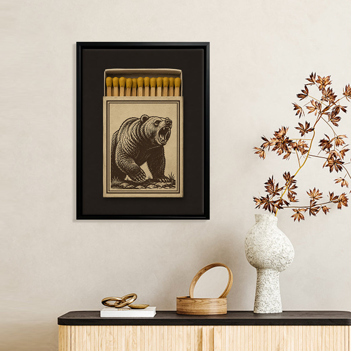 Vintage Matchbox Art Featuring a Roaring Bear, Framed Print with Real Matches, Perfect for Home Decor or Unique Gift