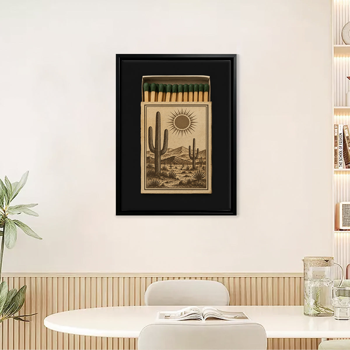 Framed Matchbox Art Featuring Desert Cacti and Sun, Vintage Style, Unique Home Decor for Any Room
