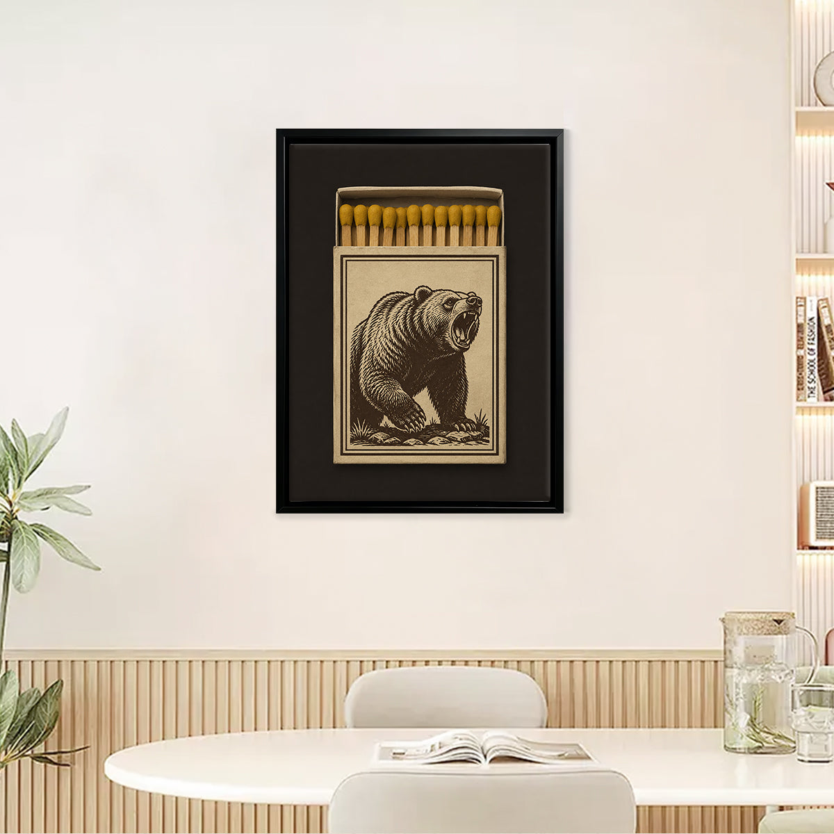 Vintage Matchbox Art Featuring a Roaring Bear, Framed Print with Real Matches, Perfect for Home Decor or Unique Gift