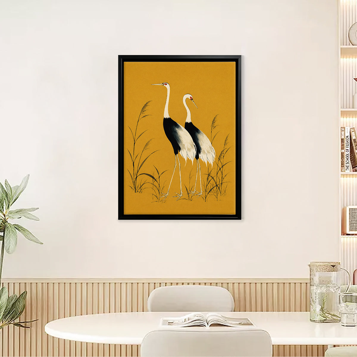 Framed Oriental Crane Art Print, Vintage-Inspired Wall Decor for Living Room or Bedroom