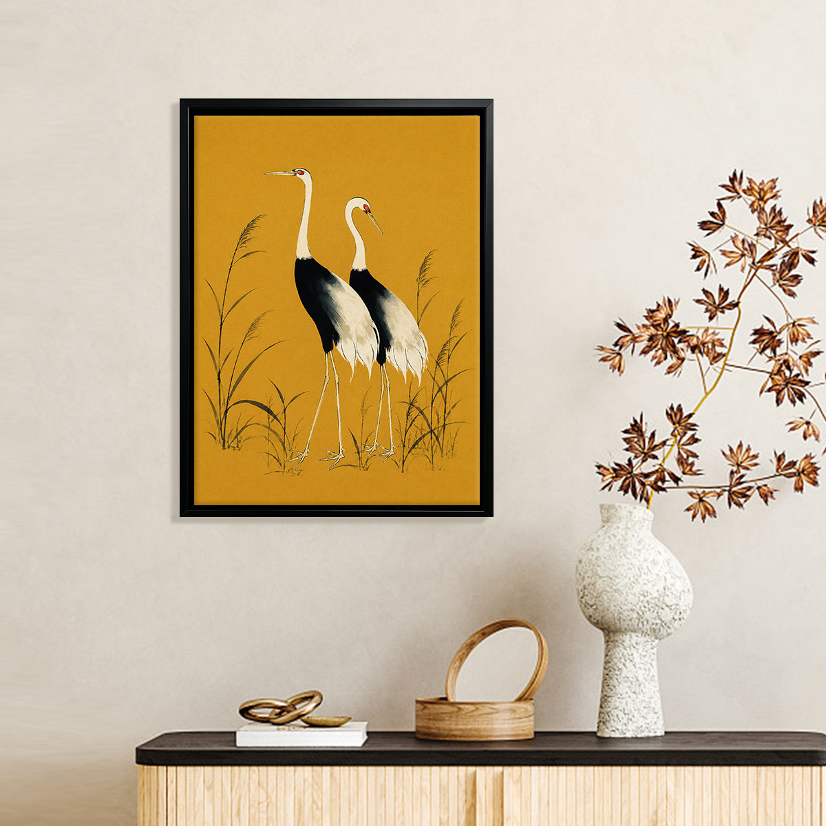 Framed Oriental Crane Art Print, Vintage-Inspired Wall Decor for Living Room or Bedroom