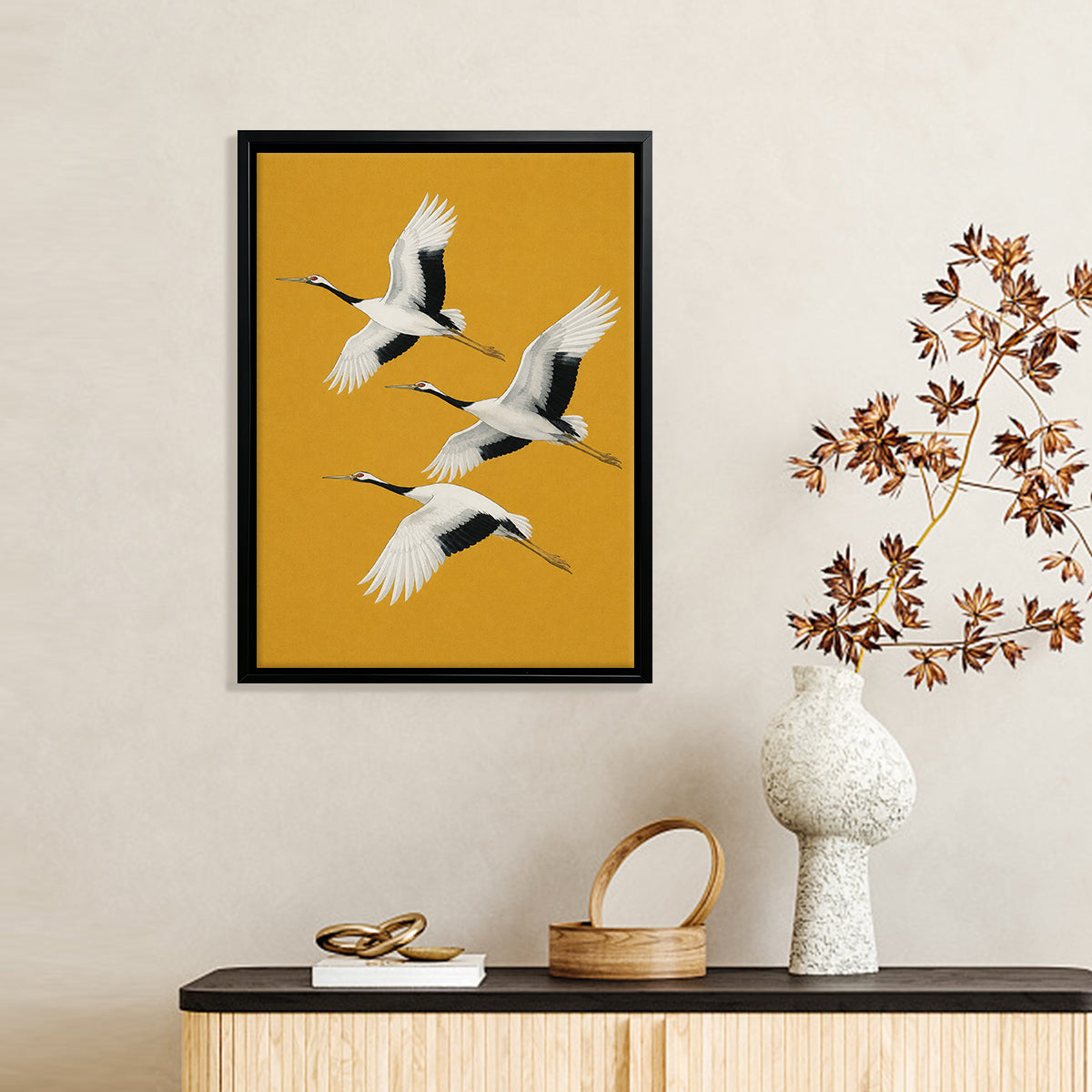 Framed Japanese Crane Art Print, Vintage-Inspired Design on Mustard Yellow Background, Perfect Home Decor for Living Room or Office