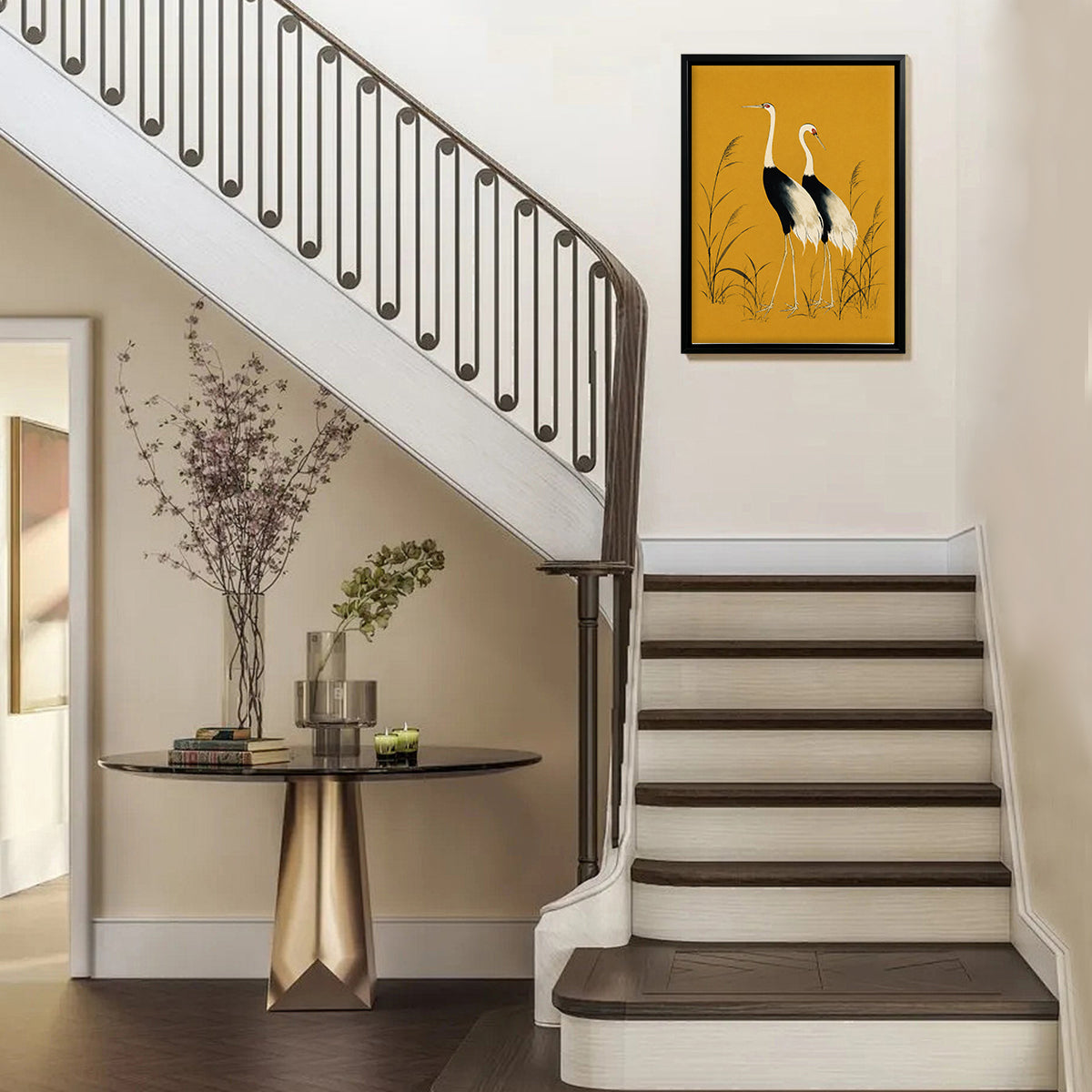 Framed Oriental Crane Art Print, Vintage-Inspired Wall Decor for Living Room or Bedroom