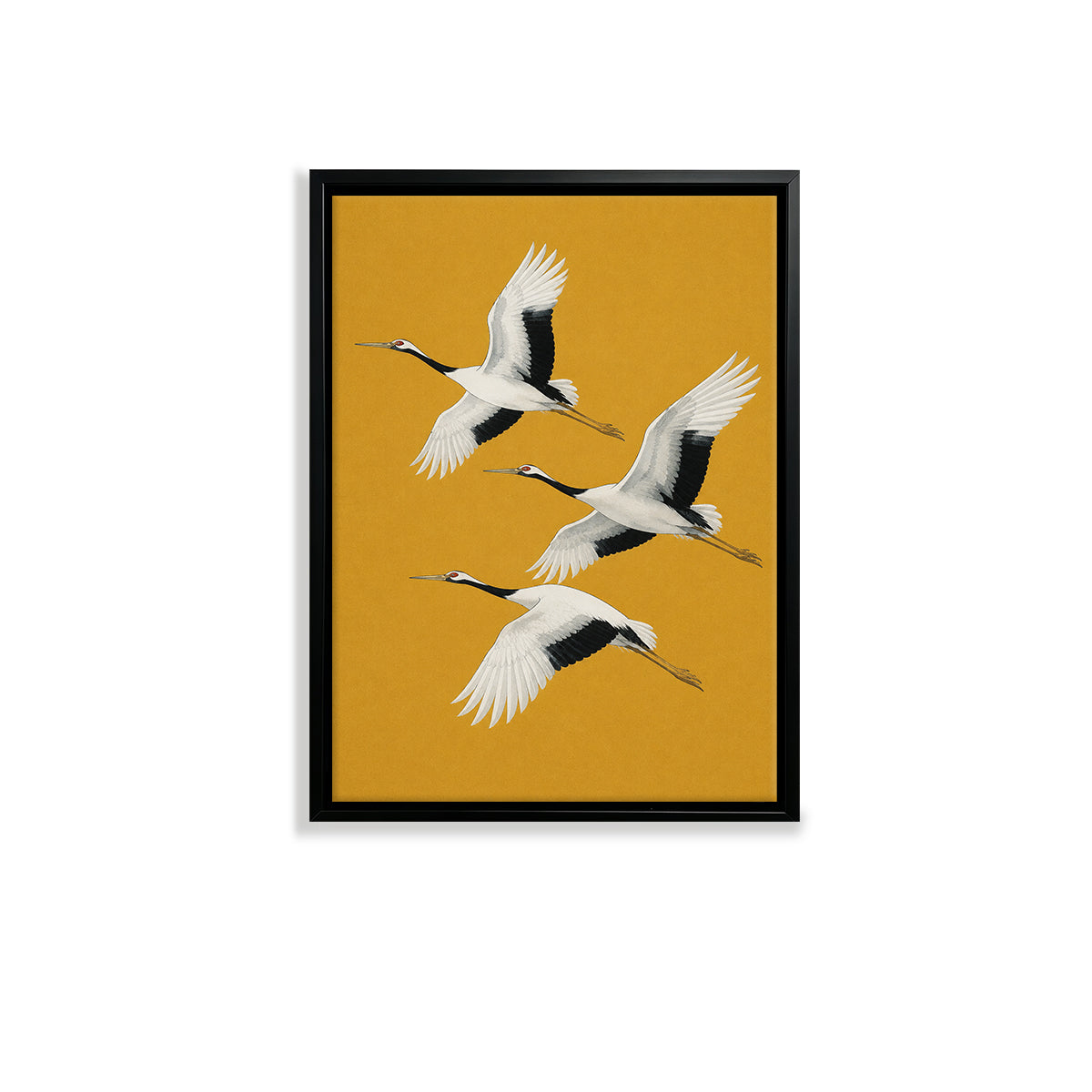 Framed Japanese Crane Art Print, Vintage-Inspired Design on Mustard Yellow Background, Perfect Home Decor for Living Room or Office