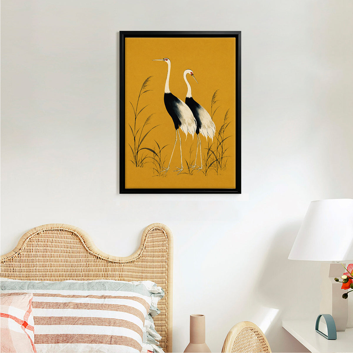 Framed Oriental Crane Art Print, Vintage-Inspired Wall Decor for Living Room or Bedroom