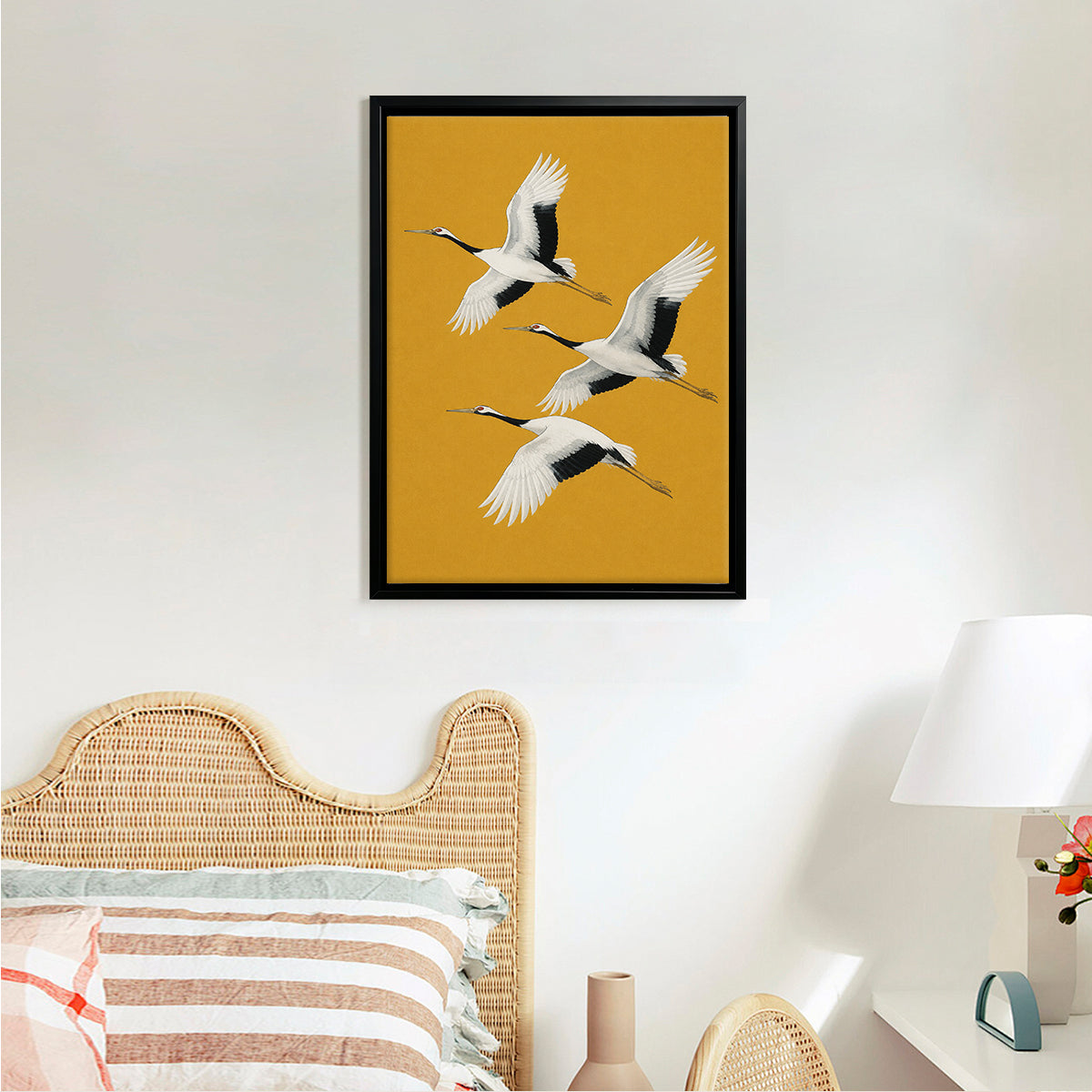 Framed Japanese Crane Art Print, Vintage-Inspired Design on Mustard Yellow Background, Perfect Home Decor for Living Room or Office