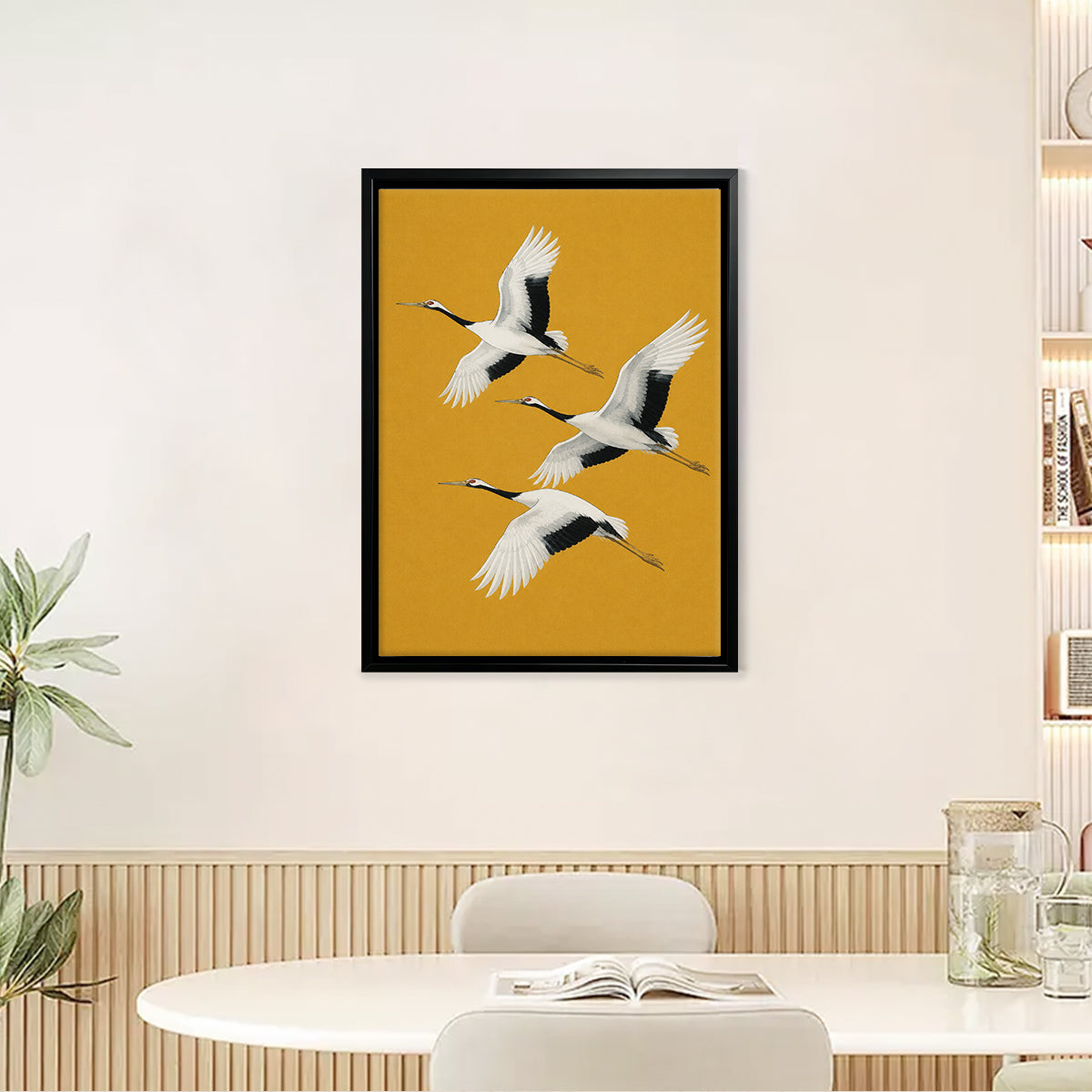 Framed Japanese Crane Art Print, Vintage-Inspired Design on Mustard Yellow Background, Perfect Home Decor for Living Room or Office
