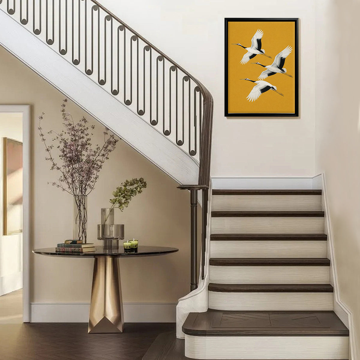 Framed Japanese Crane Art Print, Vintage-Inspired Design on Mustard Yellow Background, Perfect Home Decor for Living Room or Office