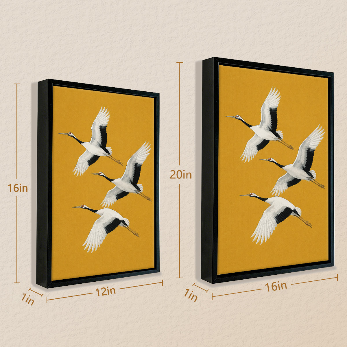 Framed Japanese Crane Art Print, Vintage-Inspired Design on Mustard Yellow Background, Perfect Home Decor for Living Room or Office