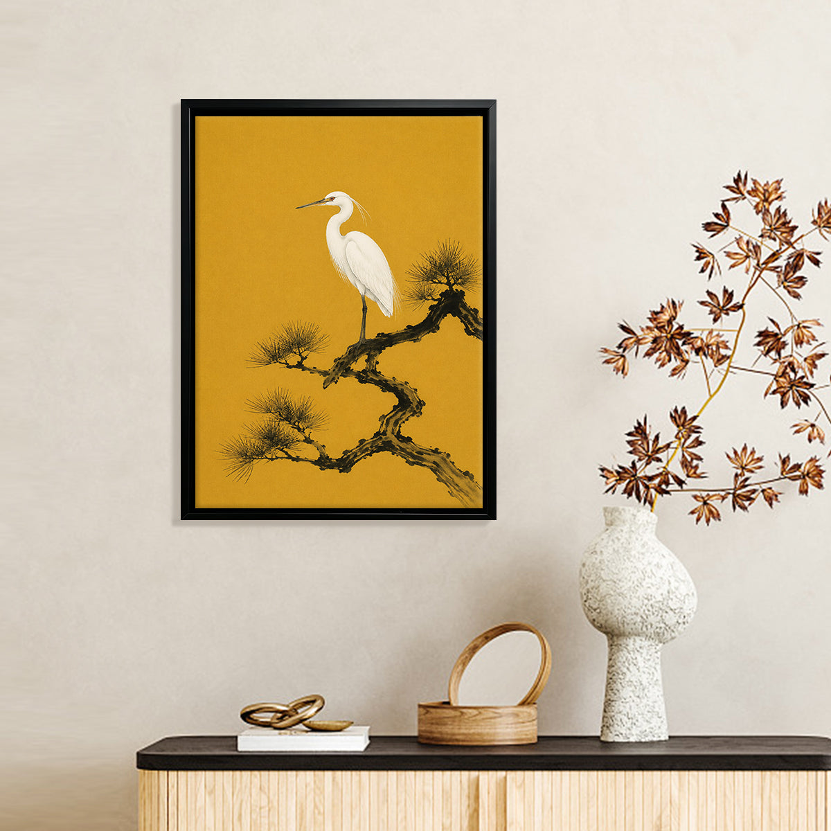 Framed Oriental Crane on Pine Branch Art Print, Vintage Style, High-Quality Giclee, Perfect for Home Decor in New York
