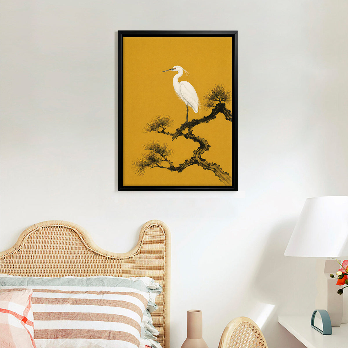 Framed Oriental Crane on Pine Branch Art Print, Vintage Style, High-Quality Giclee, Perfect for Home Decor in New York