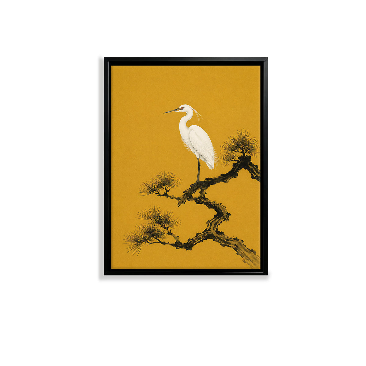 Framed Oriental Crane on Pine Branch Art Print, Vintage Style, High-Quality Giclee, Perfect for Home Decor in New York