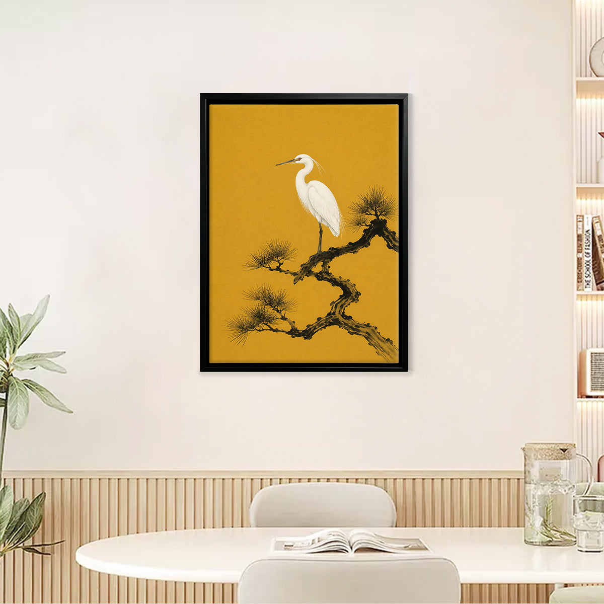 Framed Oriental Crane on Pine Branch Art Print, Vintage Style, High-Quality Giclee, Perfect for Home Decor in New York