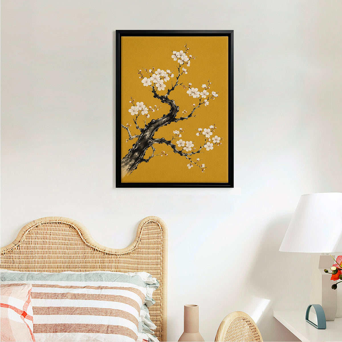 Framed Cherry Blossom Art Print, Traditional Asian Style, Vibrant Yellow Background, Perfect Home Decor
