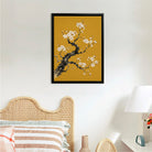 Framed Cherry Blossom Art Print, Traditional Asian Style, Vibrant Yellow Background, Perfect Home Decor