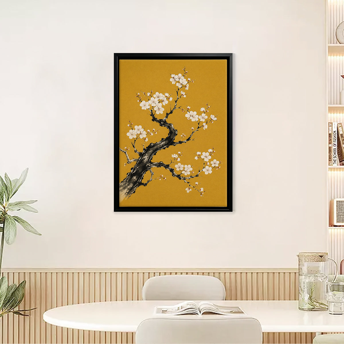 Framed Cherry Blossom Art Print, Traditional Asian Style, Vibrant Yellow Background, Perfect Home Decor