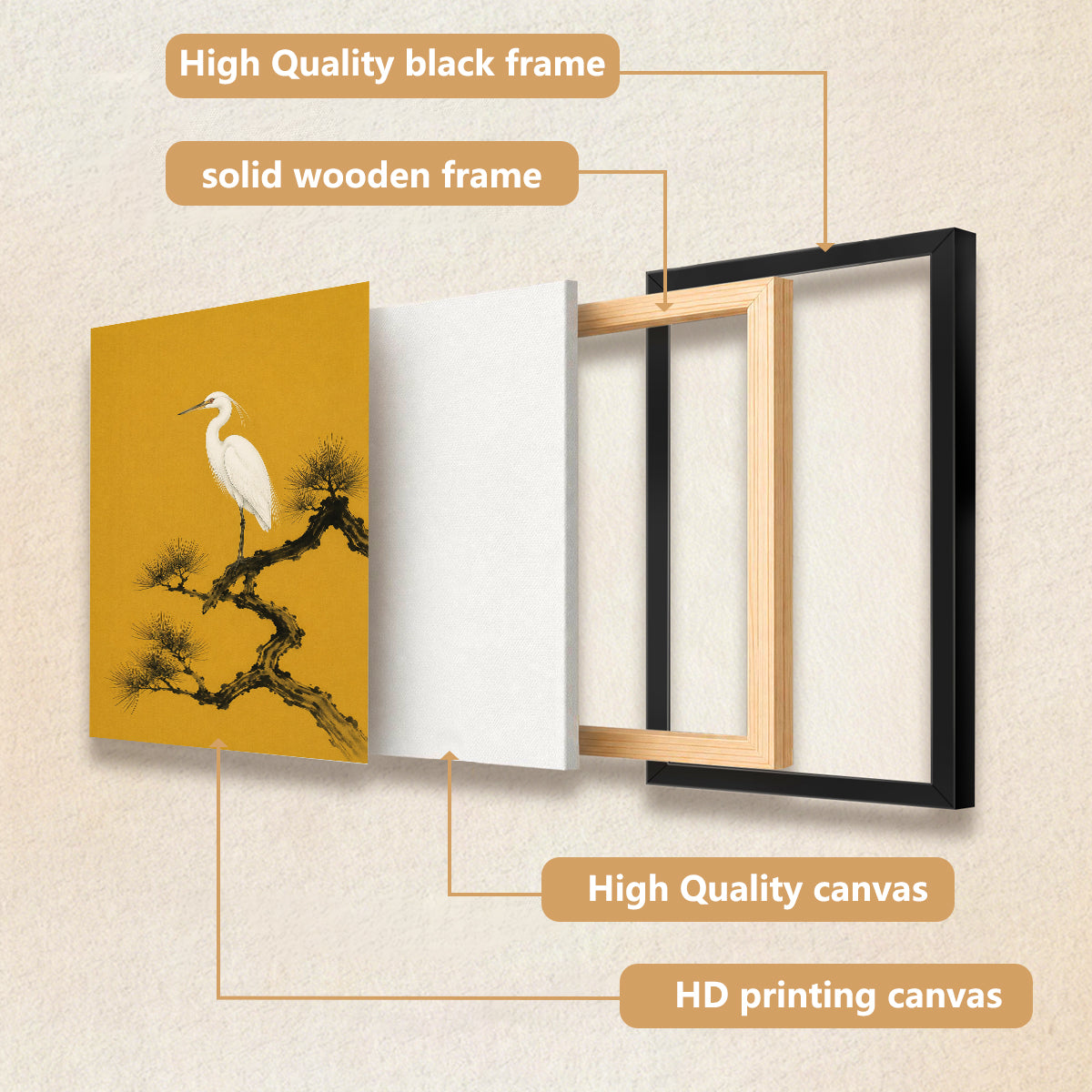 Framed Oriental Crane on Pine Branch Art Print, Vintage Style, High-Quality Giclee, Perfect for Home Decor in New York