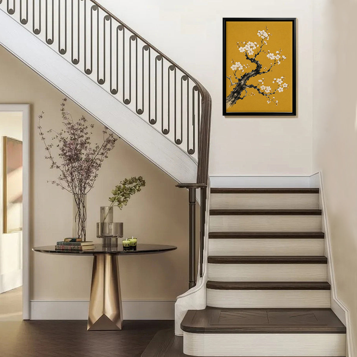 Framed Cherry Blossom Art Print, Traditional Asian Style, Vibrant Yellow Background, Perfect Home Decor