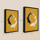 Framed Koi Fish Yin Yang Art Print, Modern Asian Style, Vibrant Mustard Background, Perfect Home Decor