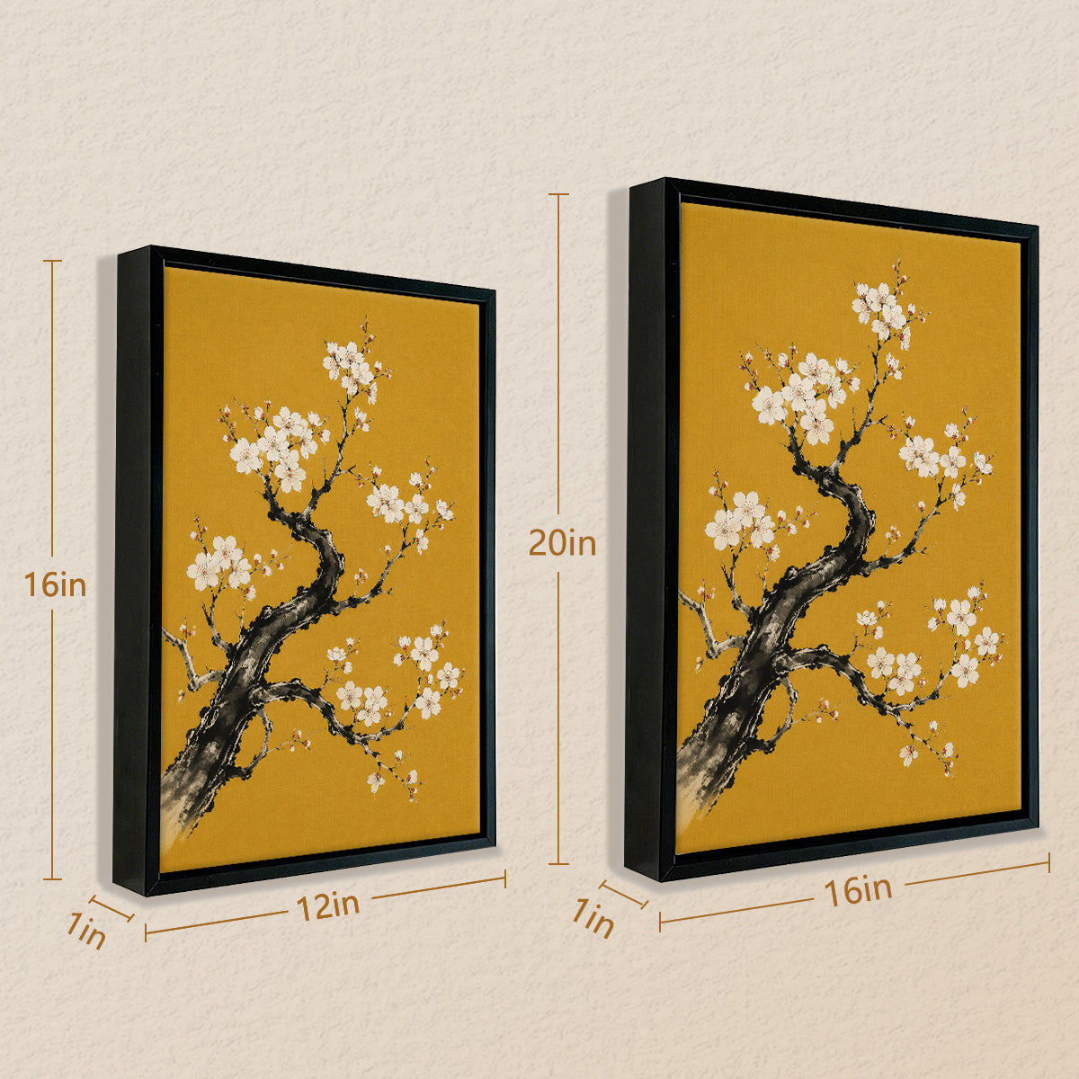 Framed Cherry Blossom Art Print, Traditional Asian Style, Vibrant Yellow Background, Perfect Home Decor