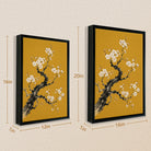 Framed Cherry Blossom Art Print, Traditional Asian Style, Vibrant Yellow Background, Perfect Home Decor