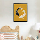 Framed Koi Fish Yin Yang Art Print, Modern Asian Style, Vibrant Mustard Background, Perfect Home Decor