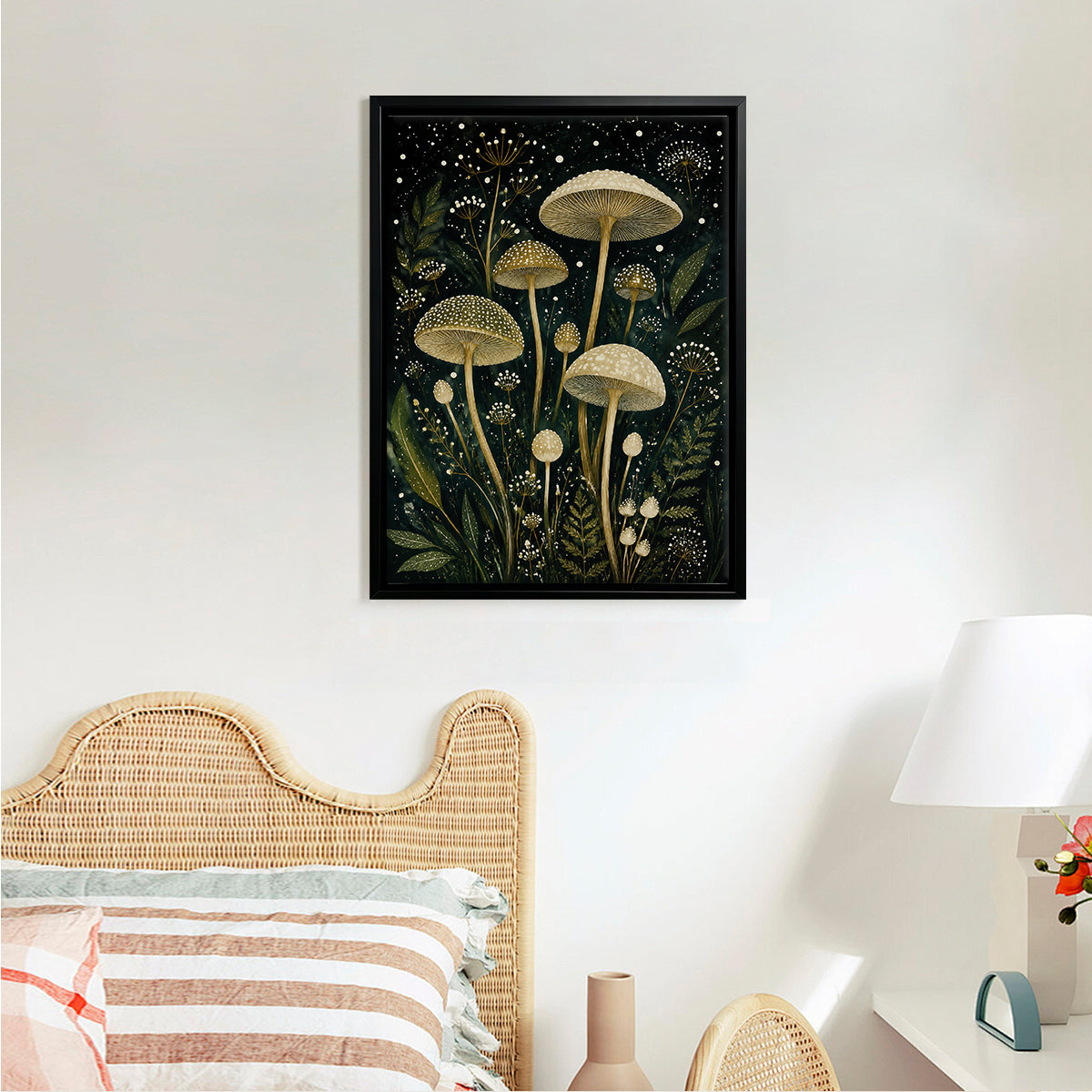 Framed Art Print Featuring Enchanted Mushroom Forest, Vintage Style, High-Quality Matte Finish, Perfect for Home Decor in Any Room