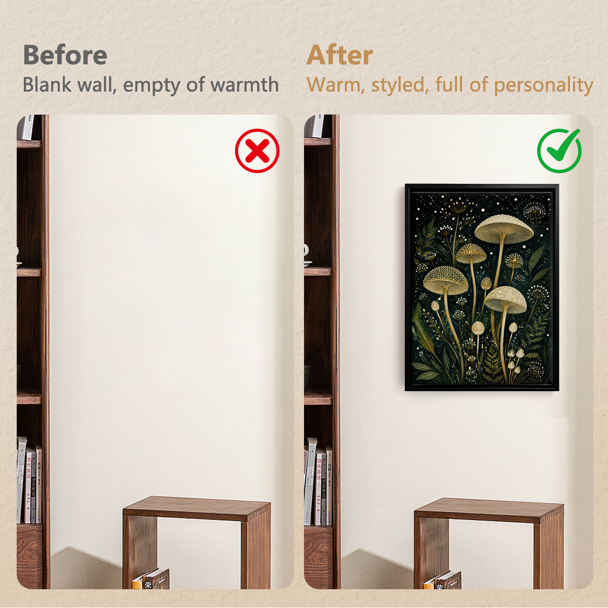 Framed Art Print Featuring Enchanted Mushroom Forest, Vintage Style, High-Quality Matte Finish, Perfect for Home Decor in Any Room