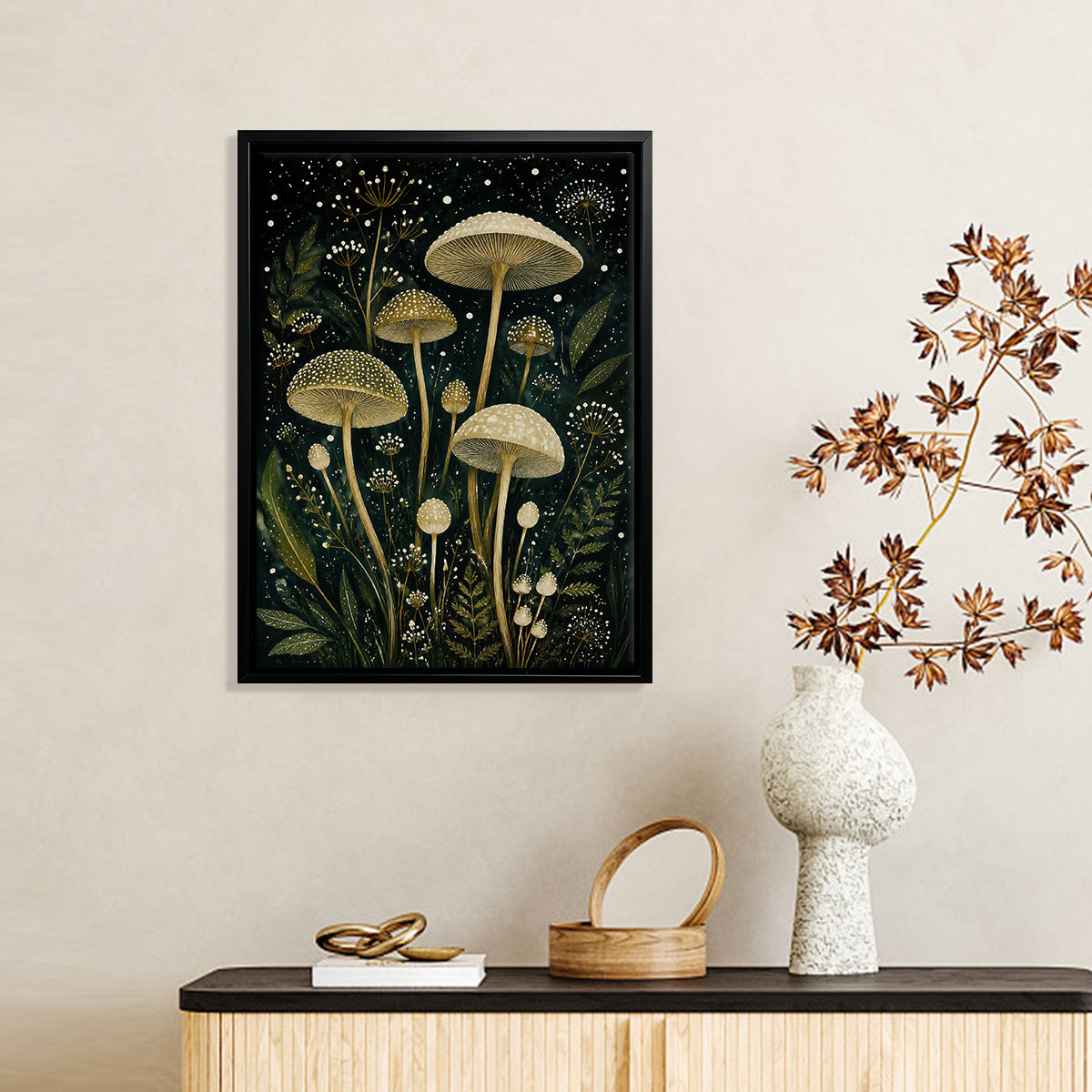 Framed Art Print Featuring Enchanted Mushroom Forest, Vintage Style, High-Quality Matte Finish, Perfect for Home Decor in Any Room