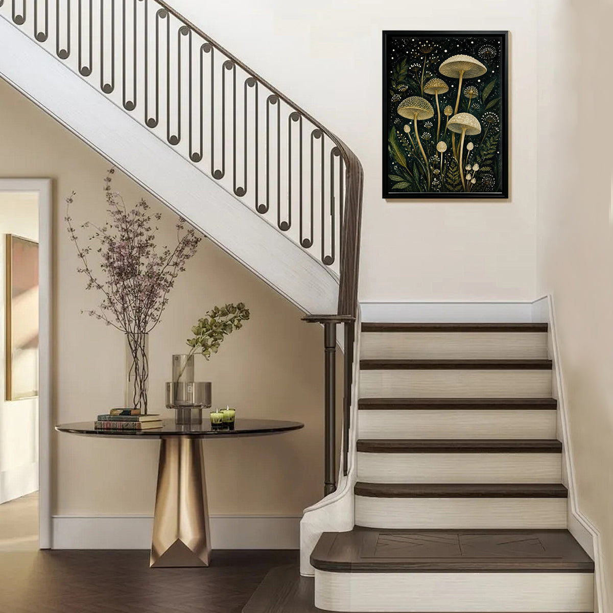 Framed Art Print Featuring Enchanted Mushroom Forest, Vintage Style, High-Quality Matte Finish, Perfect for Home Decor in Any Room