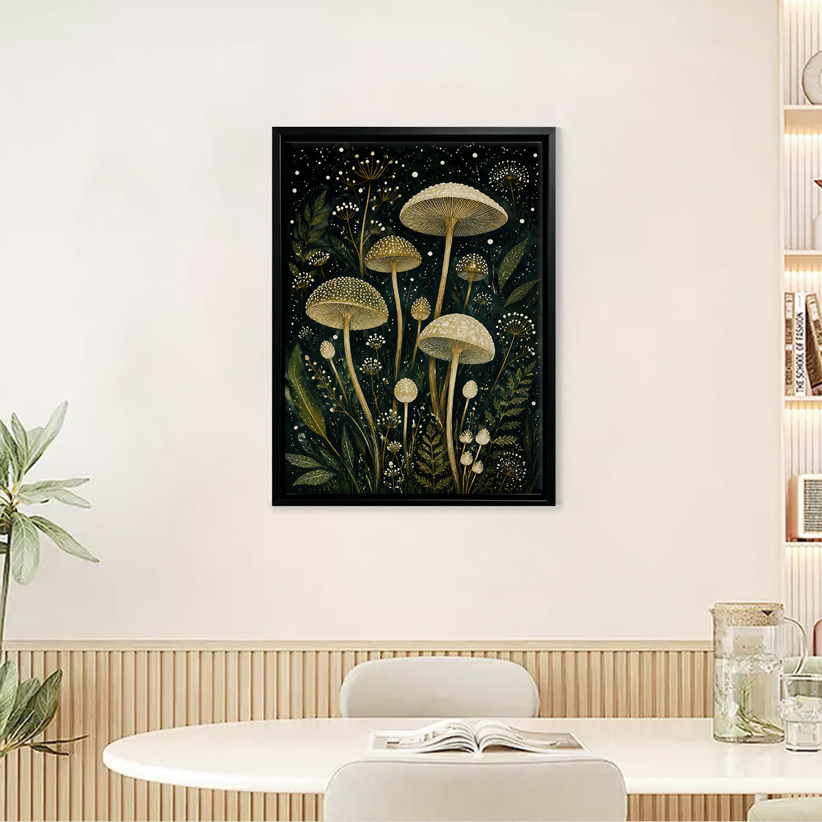 Framed Art Print Featuring Enchanted Mushroom Forest, Vintage Style, High-Quality Matte Finish, Perfect for Home Decor in Any Room