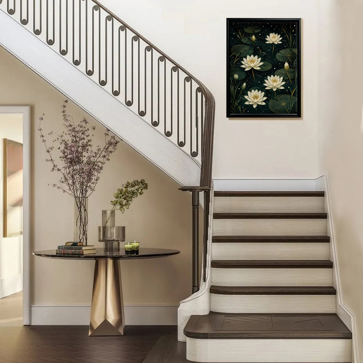 Framed Water Lily Art Print, Night Sky Pattern, High-Quality Matte Finish, Perfect Home Decor for Living Room or Bedroom