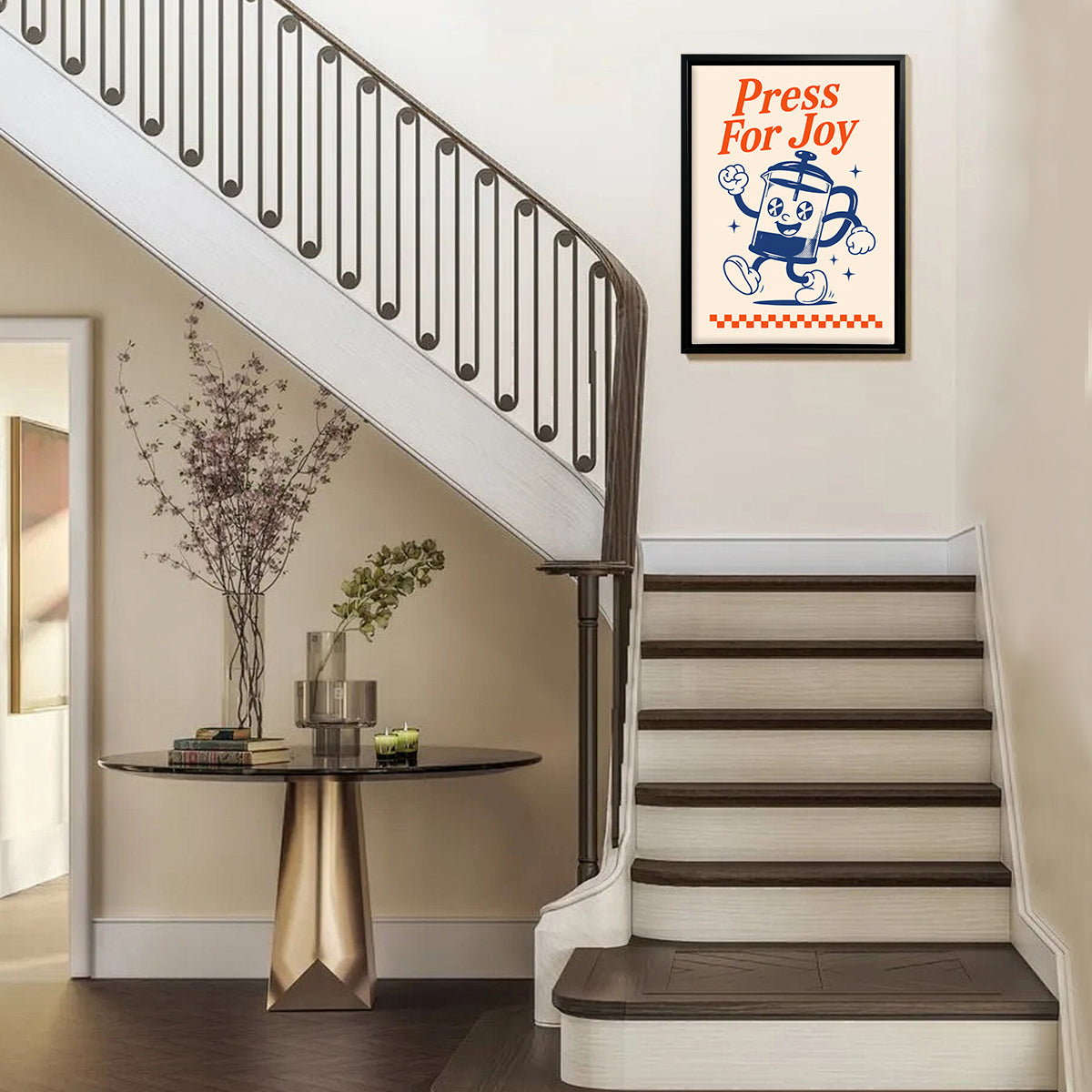 Framed 'Press For Joy' French Press Coffee Art Print, Vintage Style, Perfect Home Decor for Any Room
