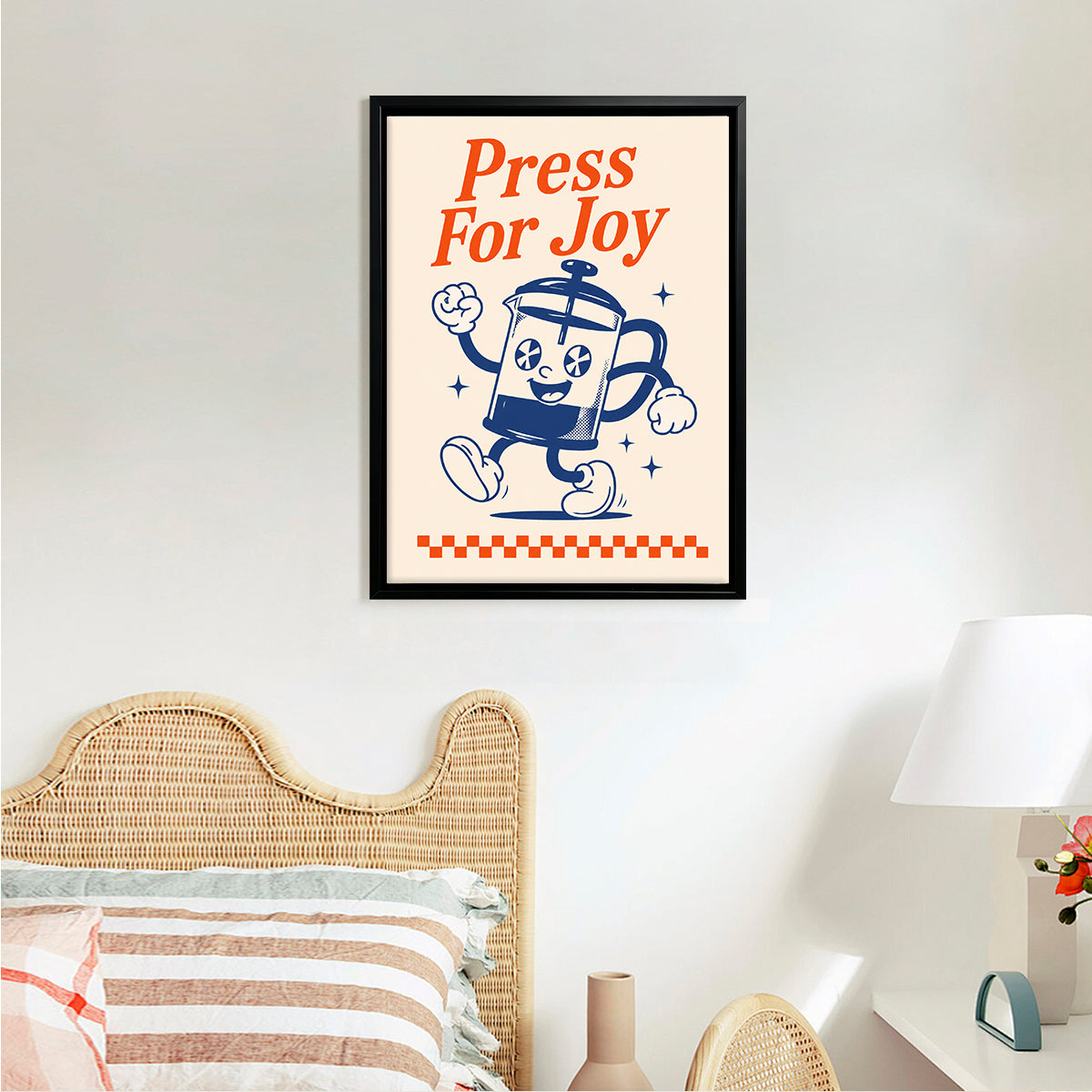 Framed 'Press For Joy' French Press Coffee Art Print, Vintage Style, Perfect Home Decor for Any Room