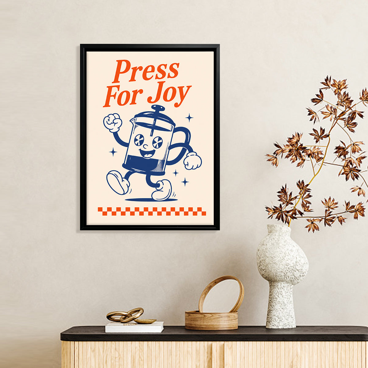 Framed 'Press For Joy' French Press Coffee Art Print, Vintage Style, Perfect Home Decor for Any Room