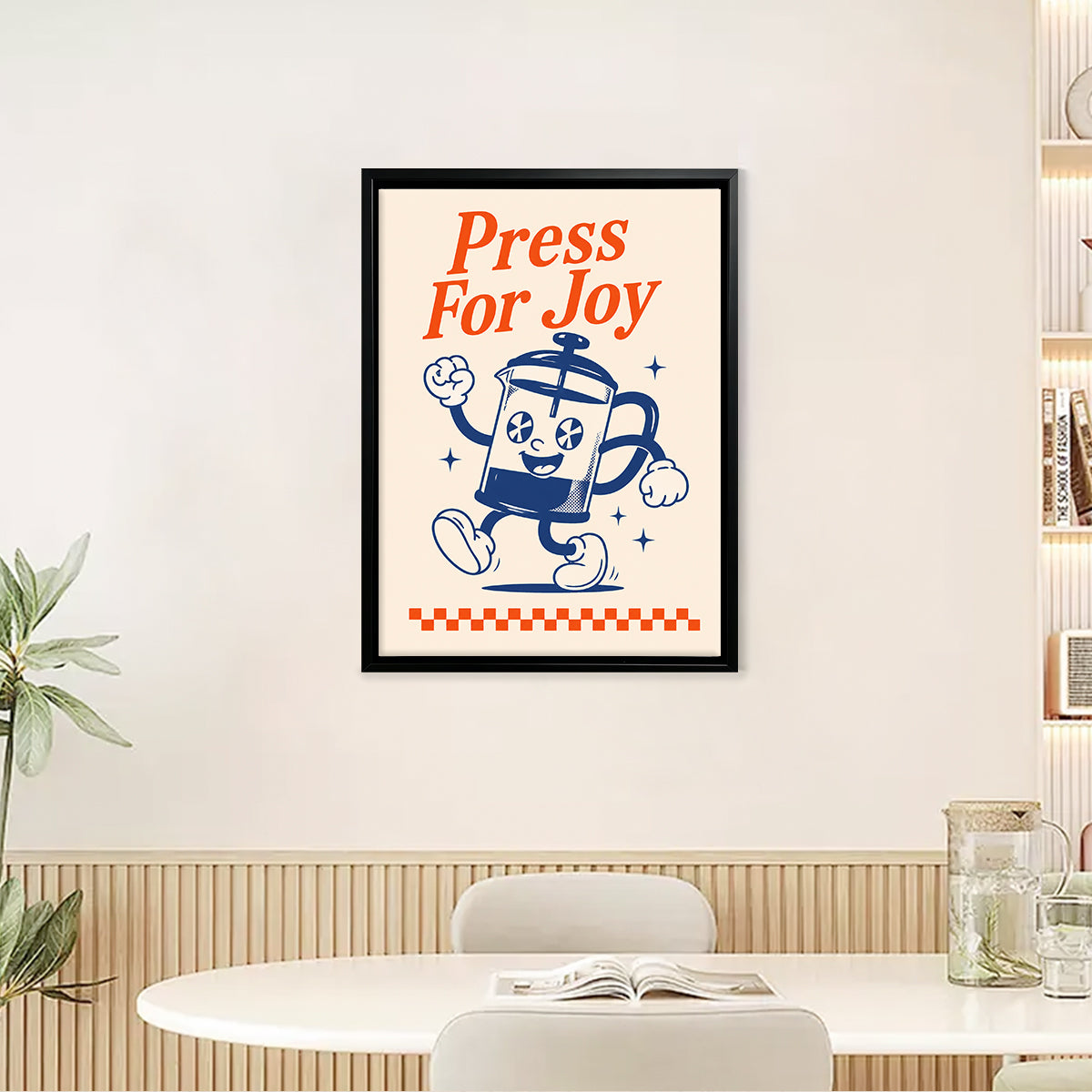 Framed 'Press For Joy' French Press Coffee Art Print, Vintage Style, Perfect Home Decor for Any Room