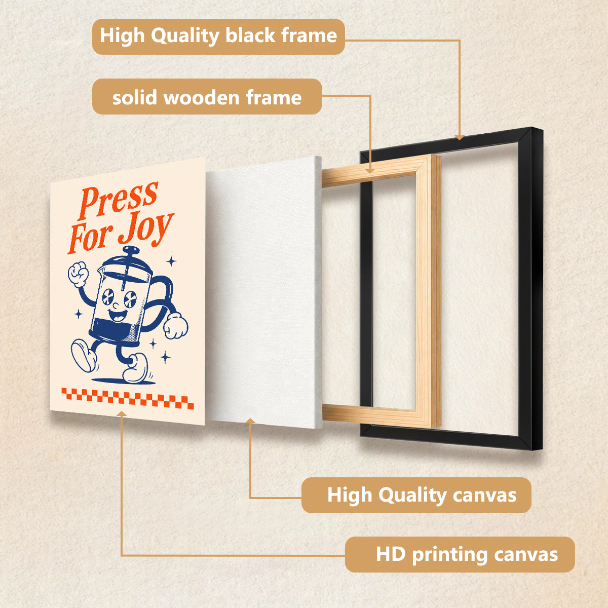 Framed 'Press For Joy' French Press Coffee Art Print, Vintage Style, Perfect Home Decor for Any Room