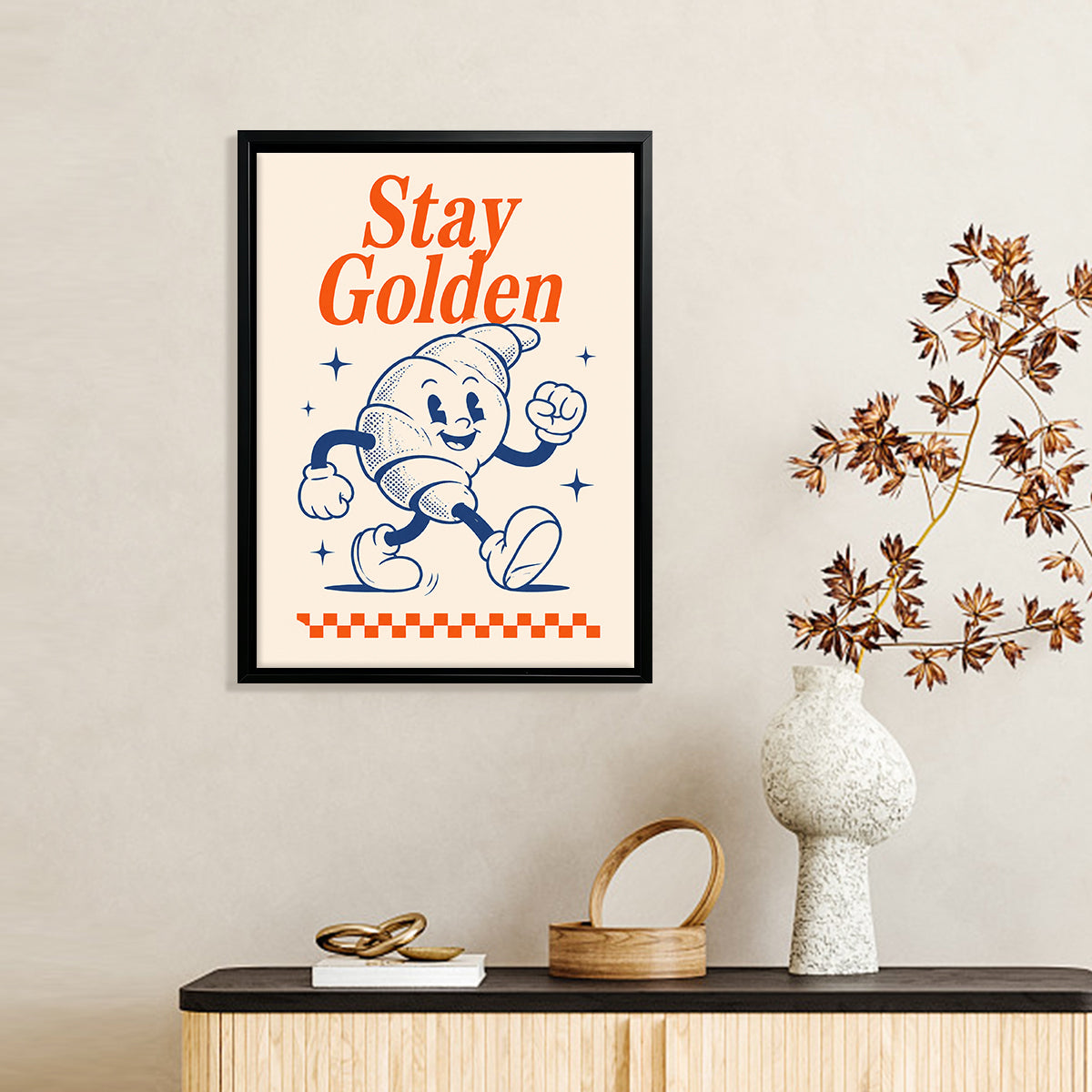 Framed 'Stay Golden' Croissant Art Print, Vintage Style, High-Quality Matte Finish, Perfect for Kitchen or Dining Room