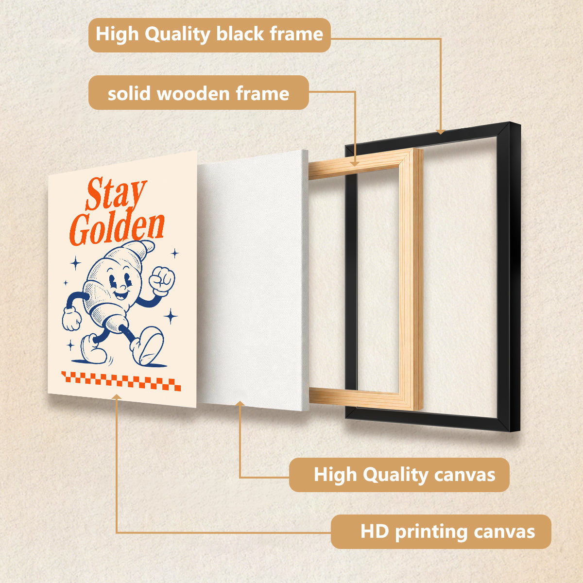 Framed 'Stay Golden' Croissant Art Print, Vintage Style, High-Quality Matte Finish, Perfect for Kitchen or Dining Room