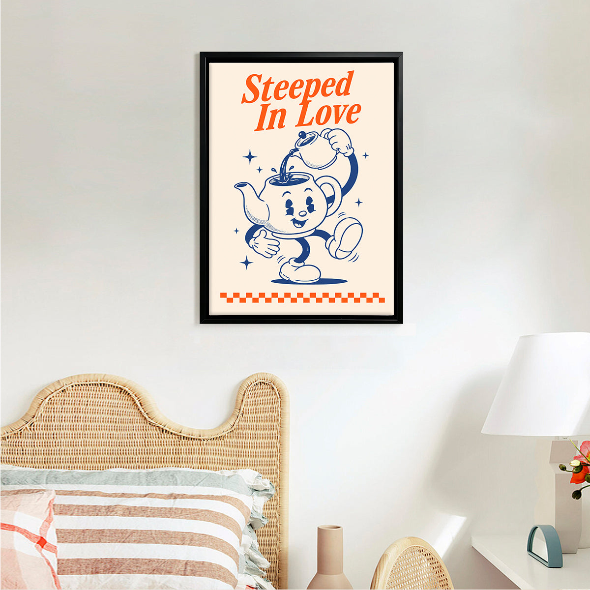 Framed 'Steeped In Love' Teapot Art Print, Retro Style, High-Quality Giclee on Canvas, Perfect for Home Decor in Any Room