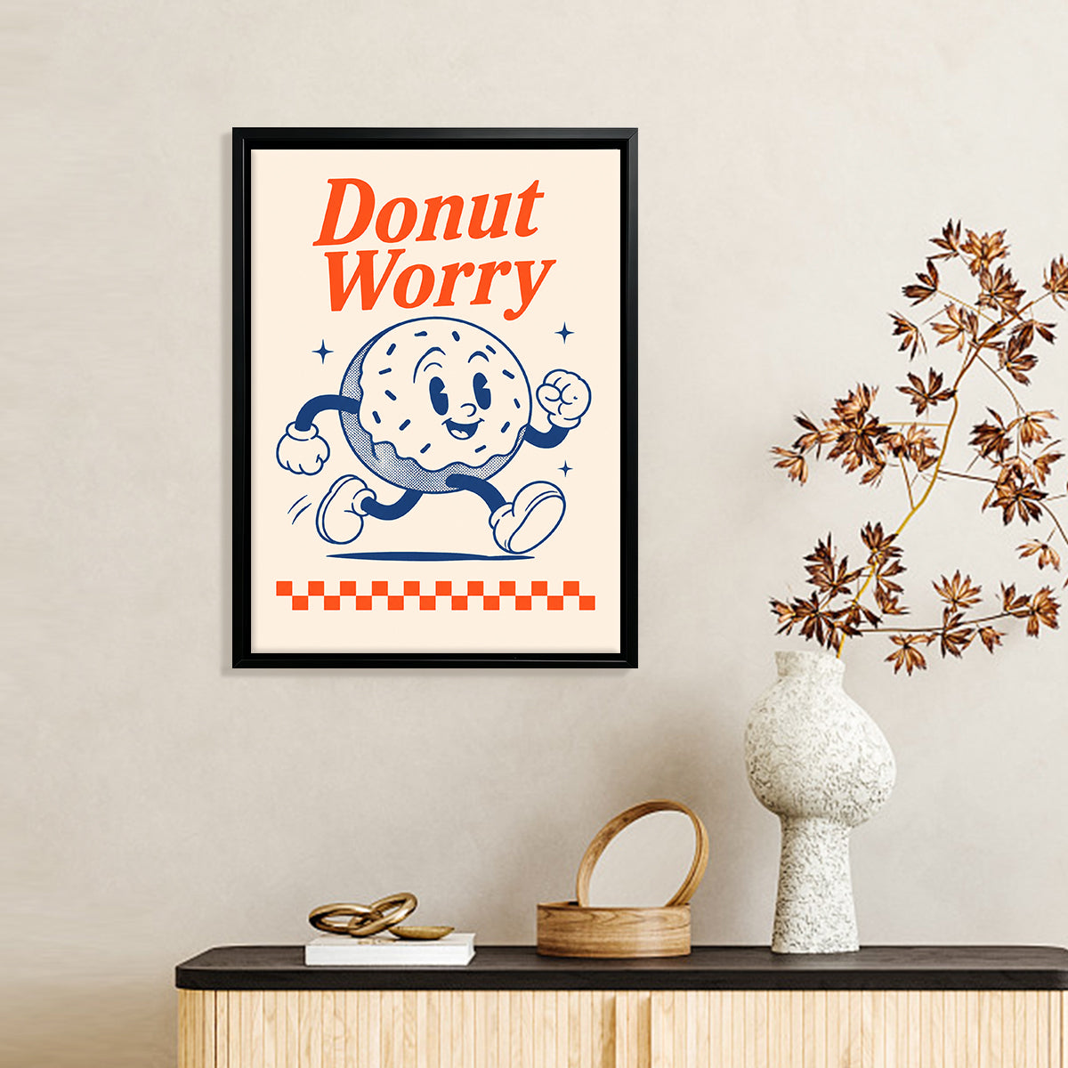 Framed Donut Worry Art Print, Retro Vintage Style, High-Quality Paper, Perfect for Home Decor in New York
