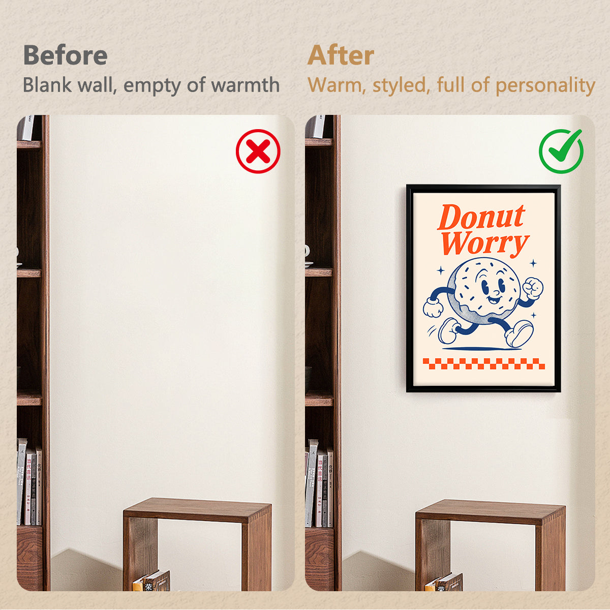 Framed Donut Worry Art Print, Retro Vintage Style, High-Quality Paper, Perfect for Home Decor in New York