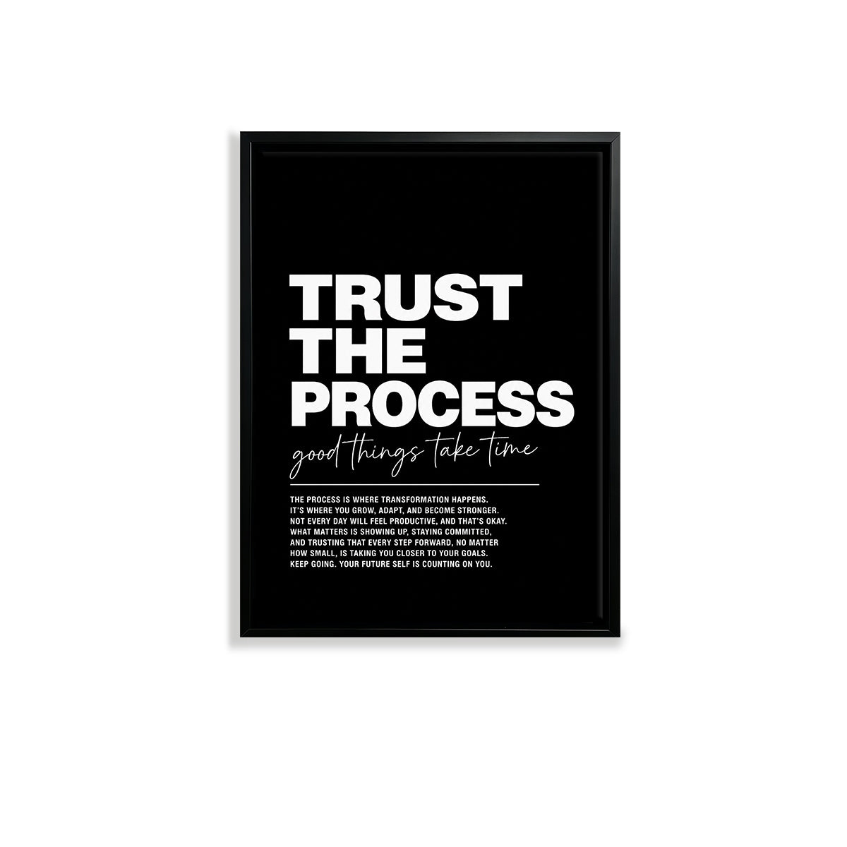 Black Framed Trust the Process Motivational Art Print, Modern Typography Design, High-Quality Matte Finish, Perfect for Home or Office Decor