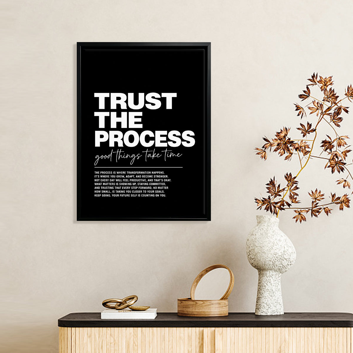 Black Framed Trust the Process Motivational Art Print, Modern Typography Design, High-Quality Matte Finish, Perfect for Home or Office Decor