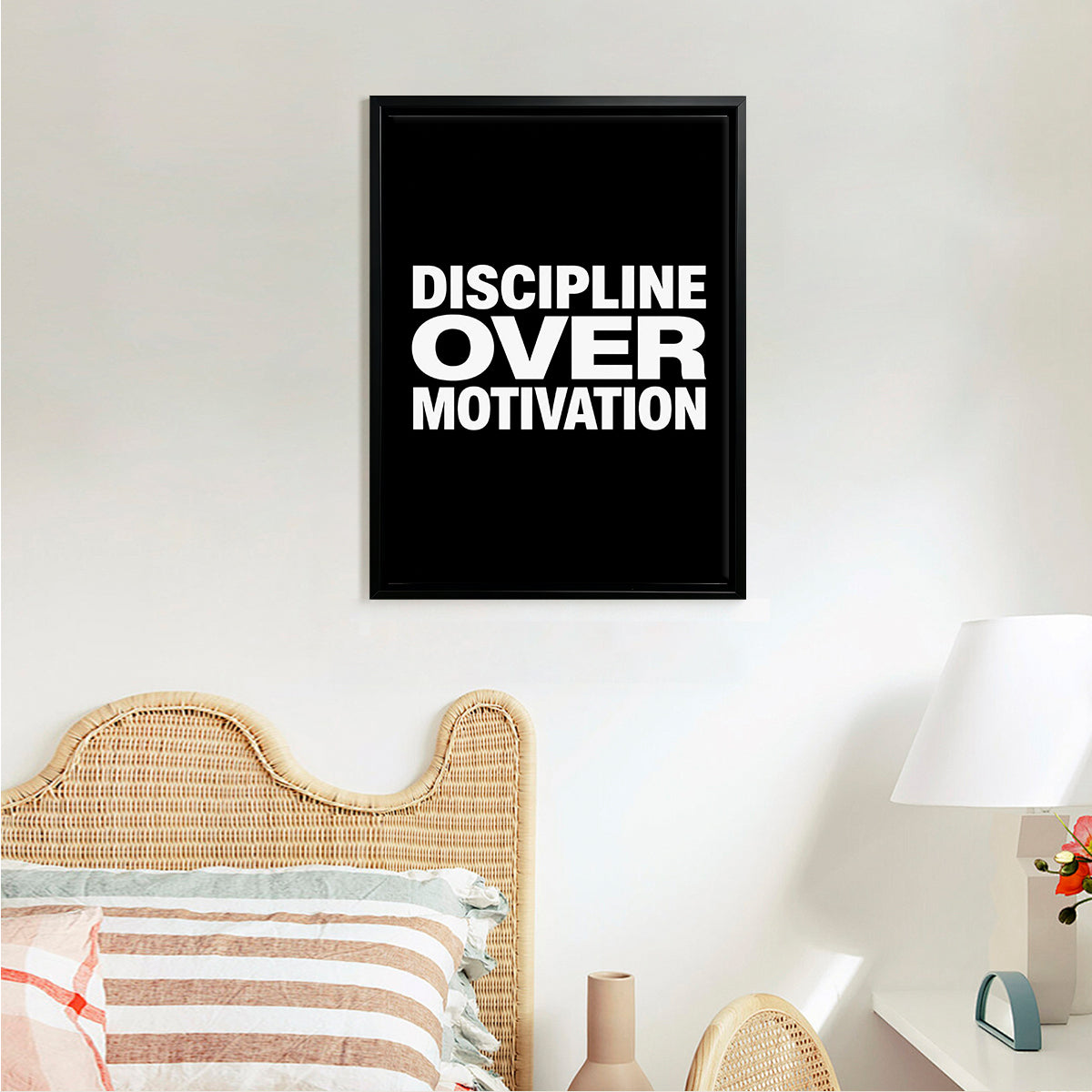 Framed Wall Art Print with 'Discipline Over Motivation' Text, Modern Black and White Design, Perfect Home Decor