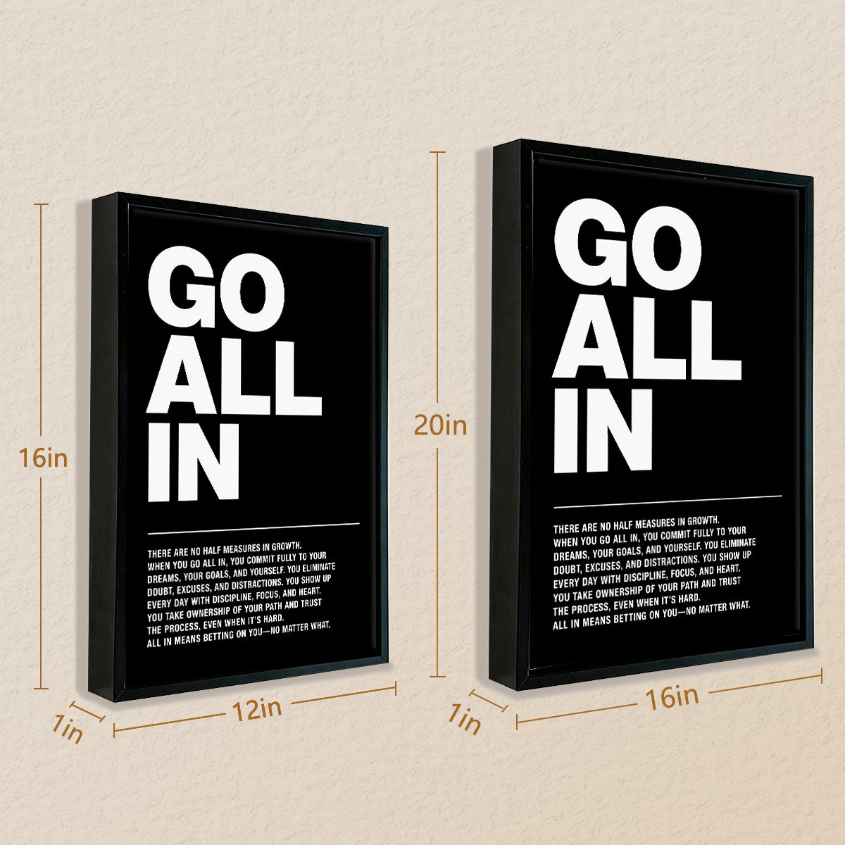 Motivational 'Go All In' Art Print, Modern Black and White Typography, High-Quality Framed Poster for Home Office Decor
