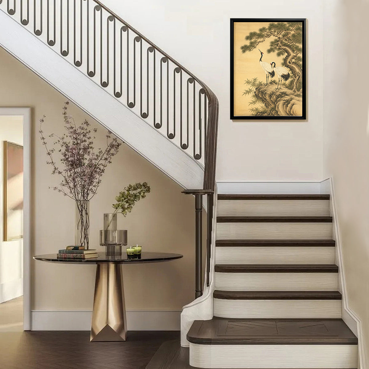 Framed Oriental Crane and Pine Tree Art Print, Vintage-Inspired Canvas Painting for Home Decor