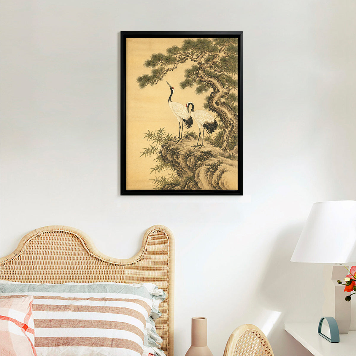 Framed Oriental Crane and Pine Tree Art Print, Vintage-Inspired Canvas Painting for Home Decor