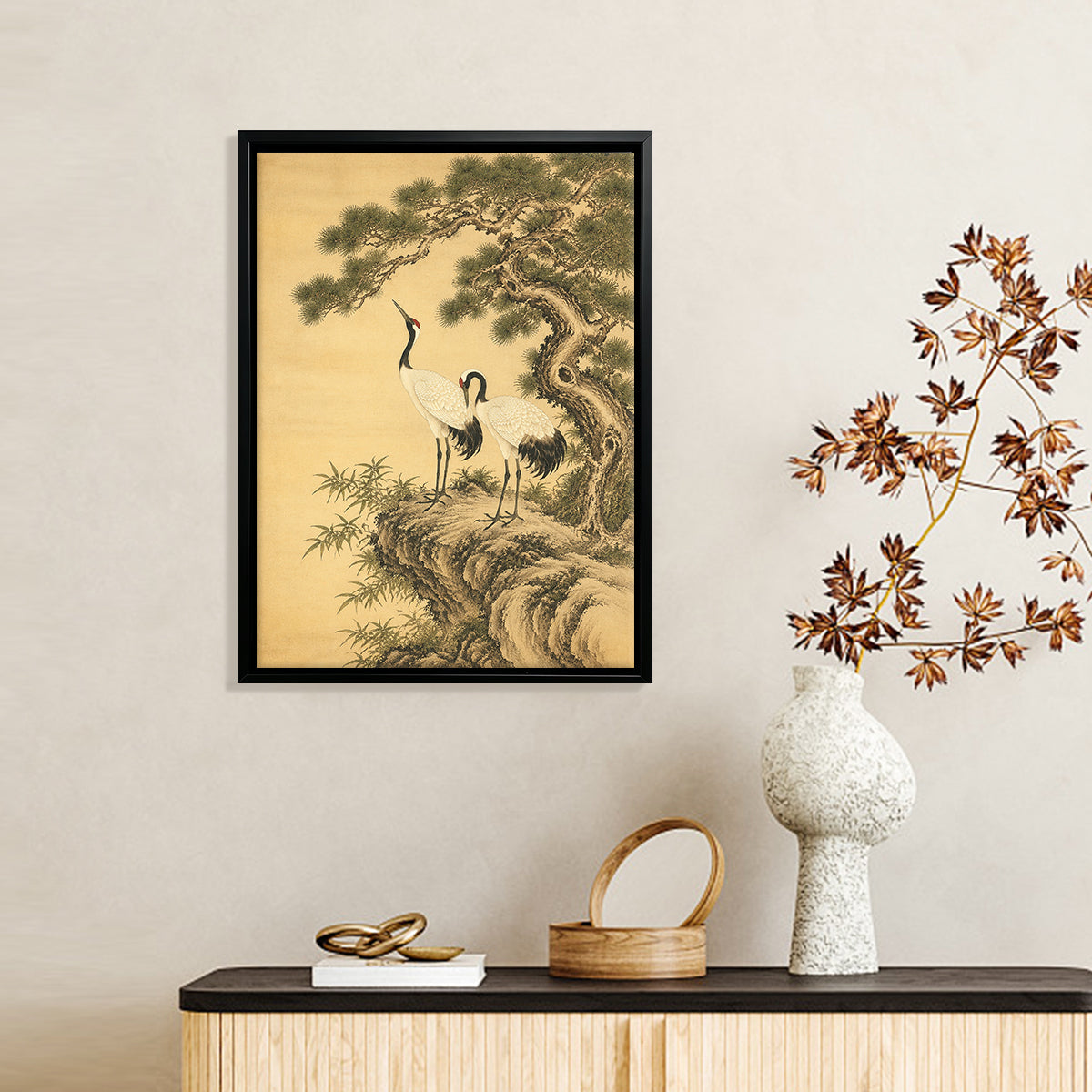 Framed Oriental Crane and Pine Tree Art Print, Vintage-Inspired Canvas Painting for Home Decor