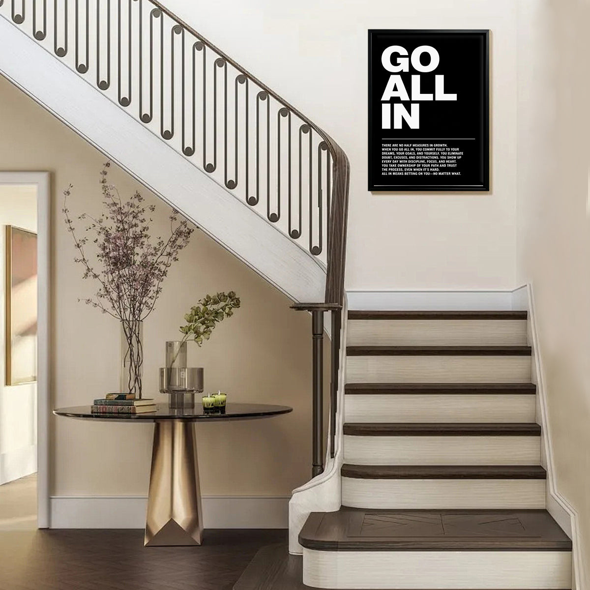 Motivational 'Go All In' Art Print, Modern Black and White Typography, High-Quality Framed Poster for Home Office Decor